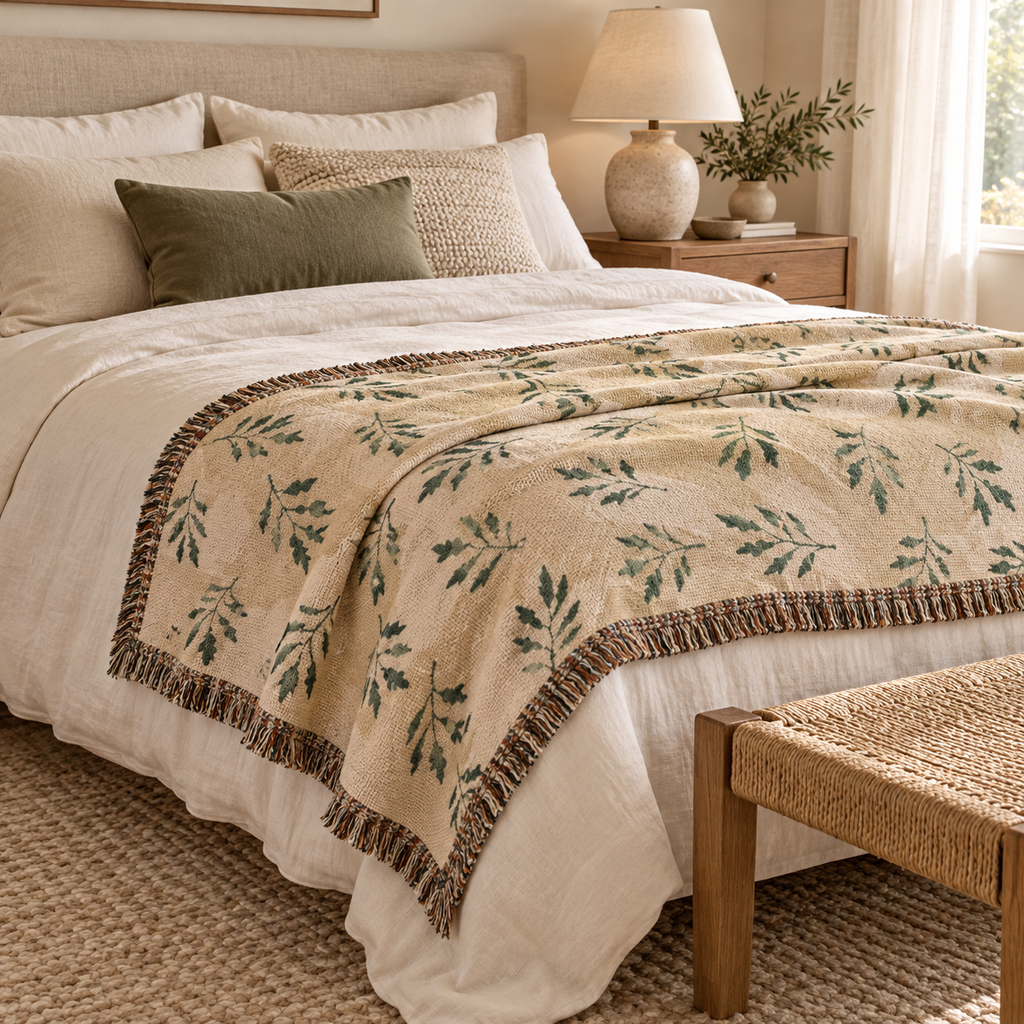 Botanical Leaf Pattern Woven Throw Blanket