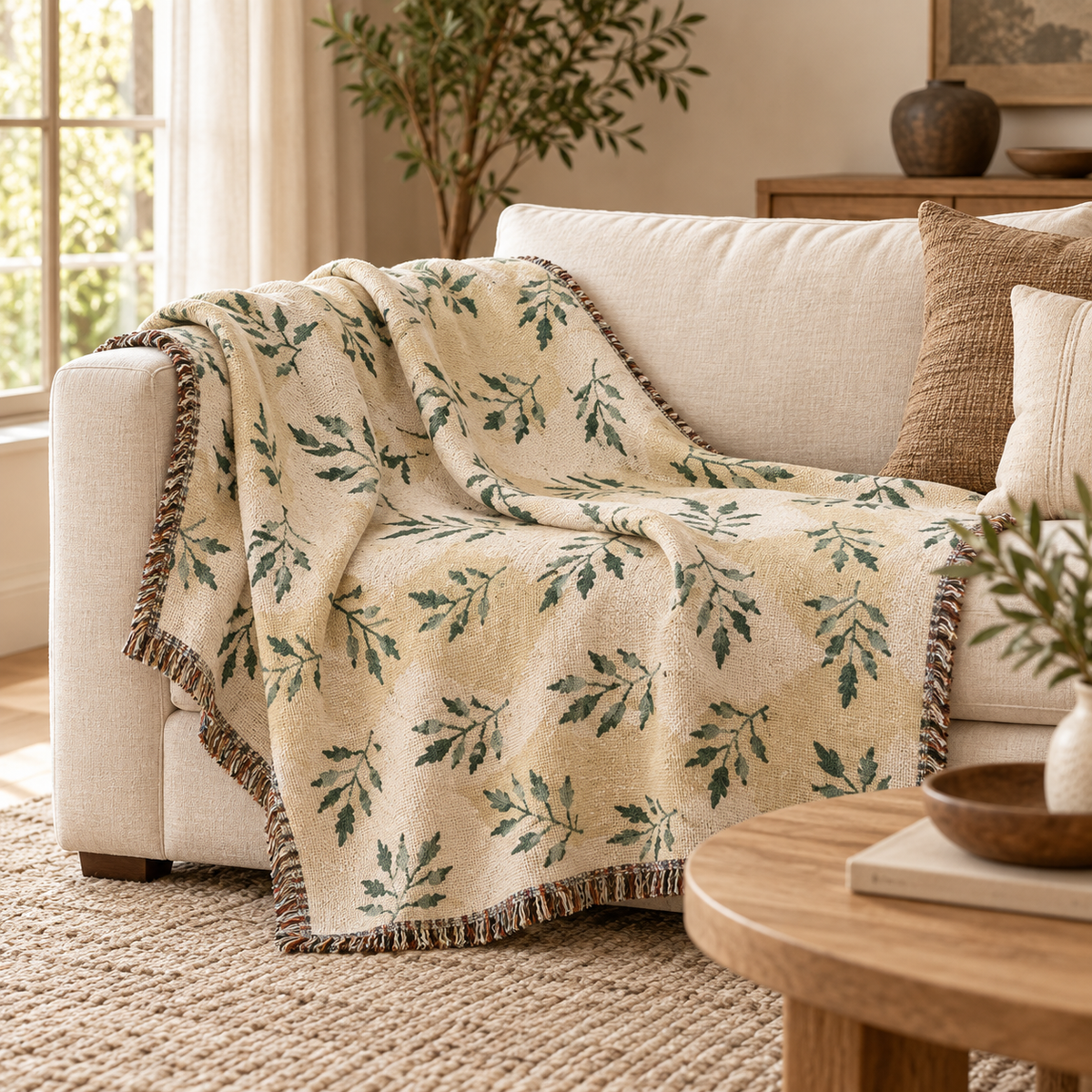Botanical Leaf Pattern Woven Throw Blanket