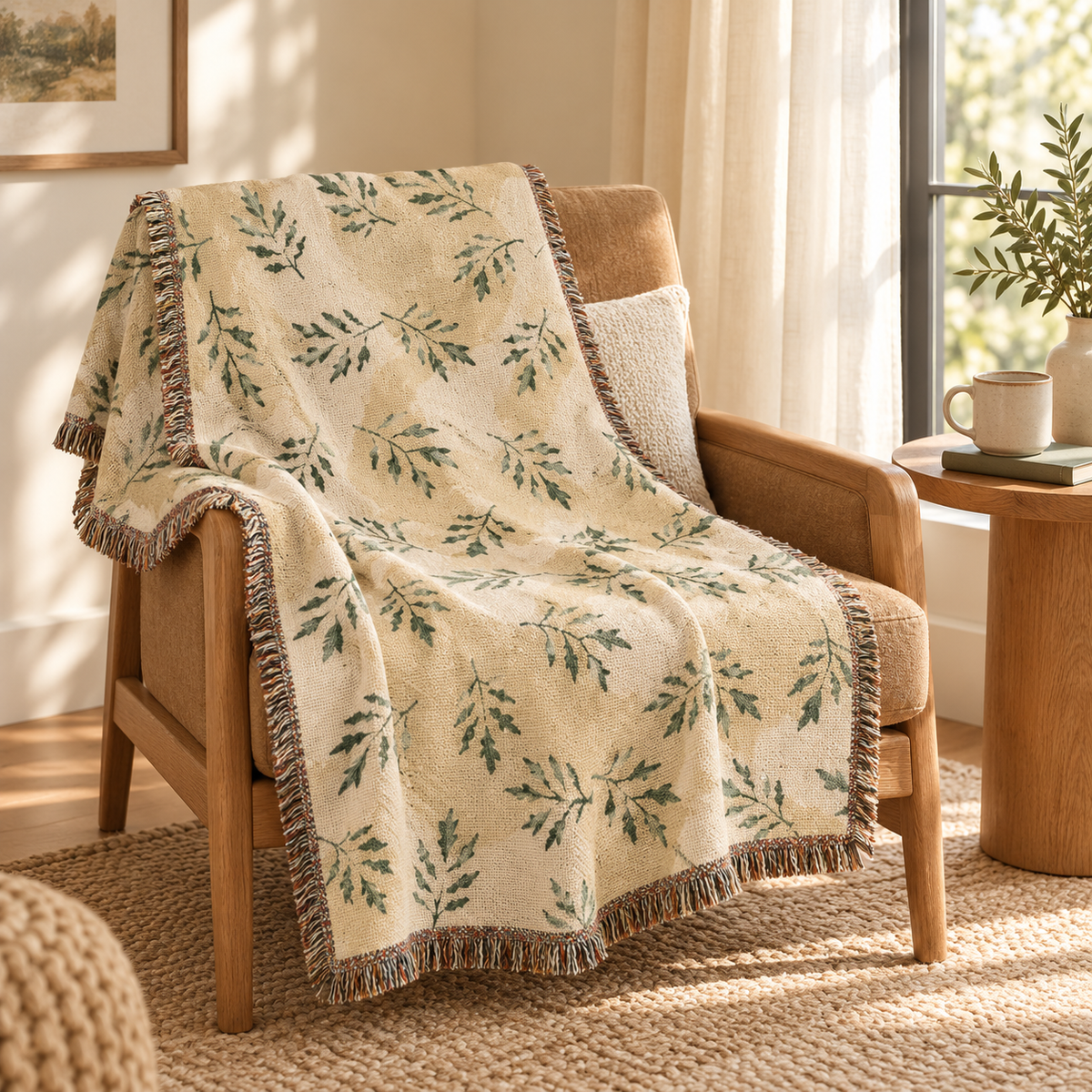 Botanical Leaf Pattern Woven Throw Blanket